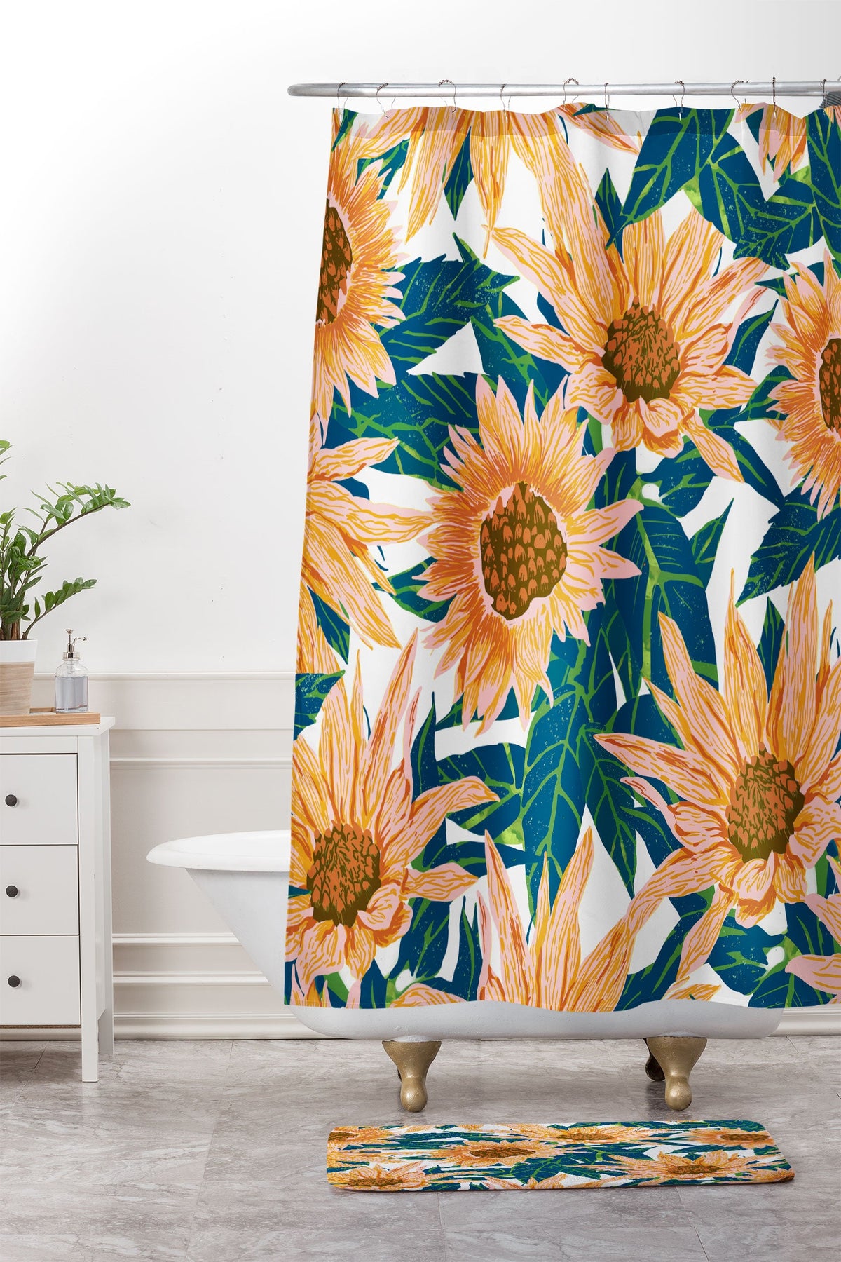 83 Oranges Blush Sunflowers Shower Curtain And Mat