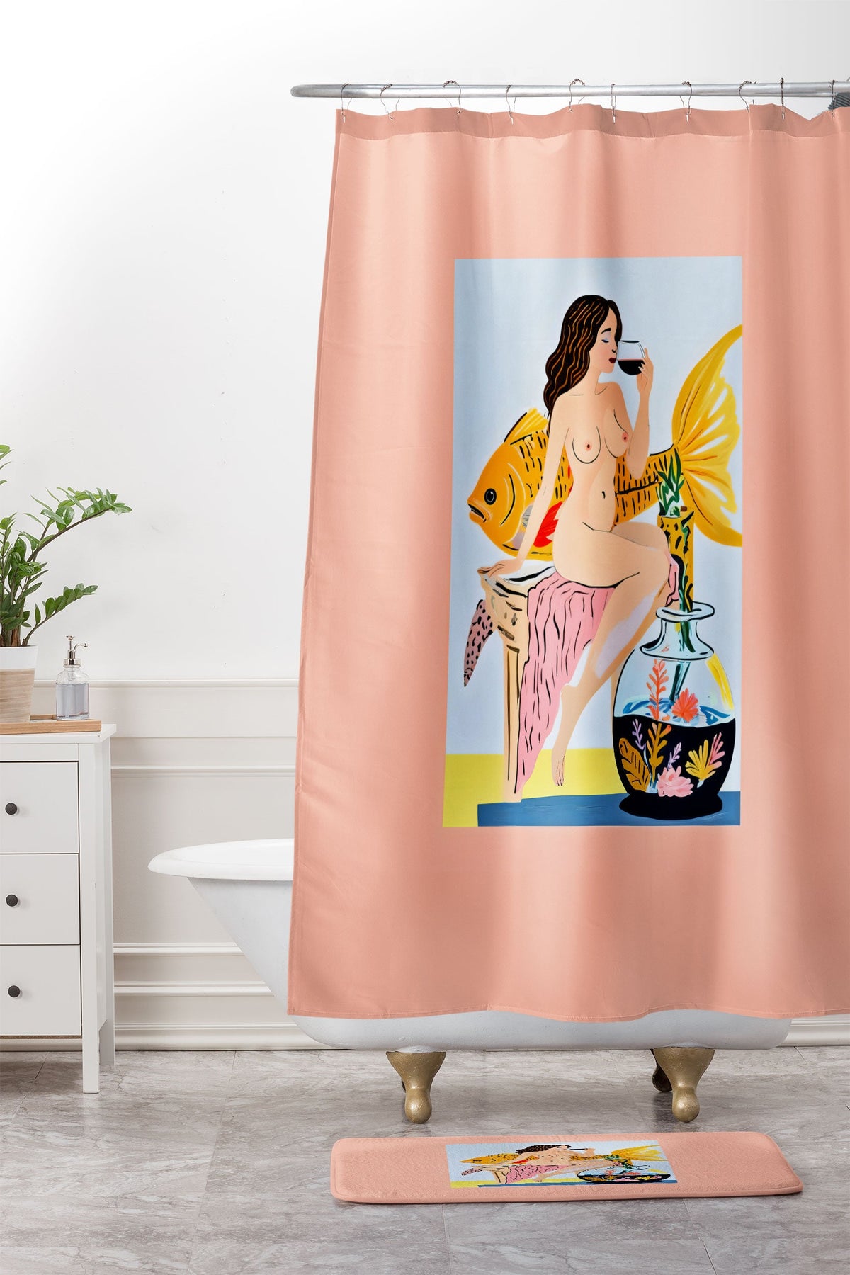 83 Oranges Fishy Shananigans Art Shower Curtain And Mat