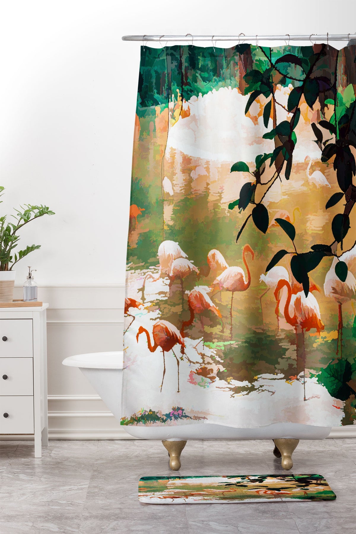 83 Oranges Flamingo Sighting Jungle Nature Shower Curtain And Mat