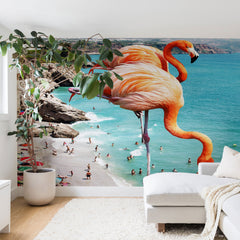 83 Oranges Flamingos on the Beach Wildlife Wall Mural