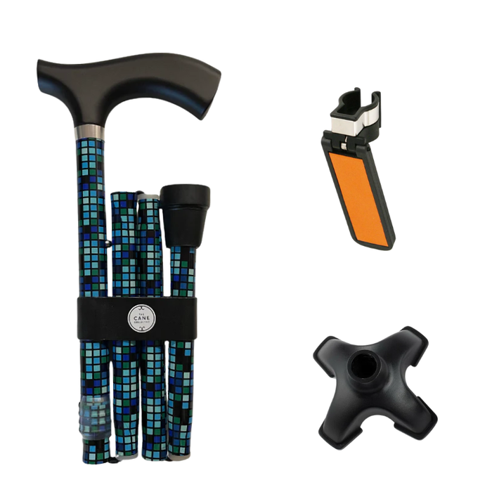 Blue Mosaic Cane by The Cane Collective Yes (with Reflective Cane Holder & SkyMed Quad Tip)