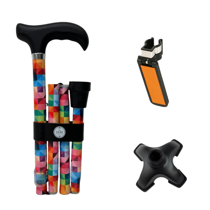 Rainbow Cane by The Cane Collective Yes (with Reflective Cane Holder & SkyMed Quad Tip)